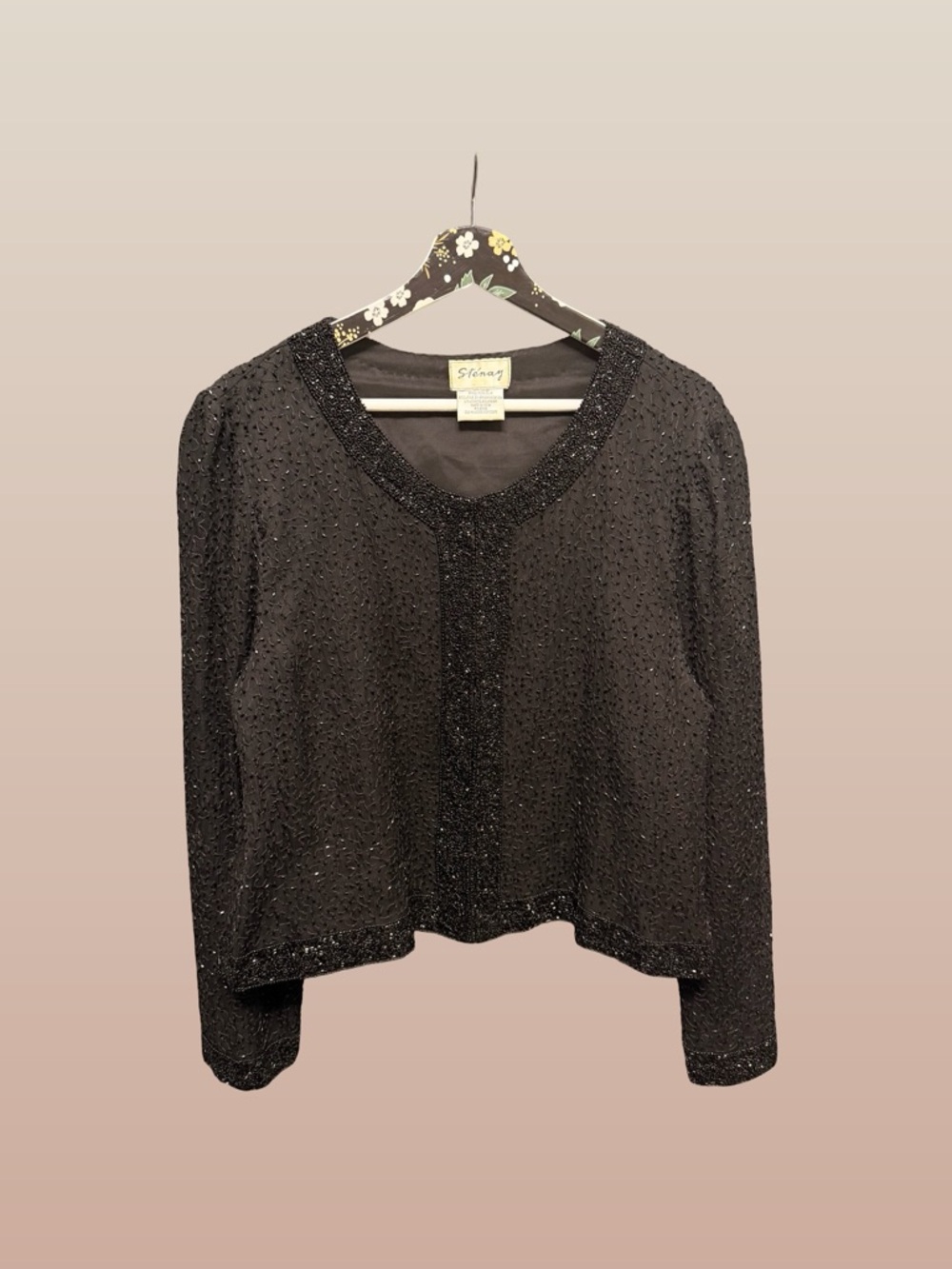 Sténay Vintage Black Beaded 100% Silk Hook & Eye Cardigan Evening Jacket Size L